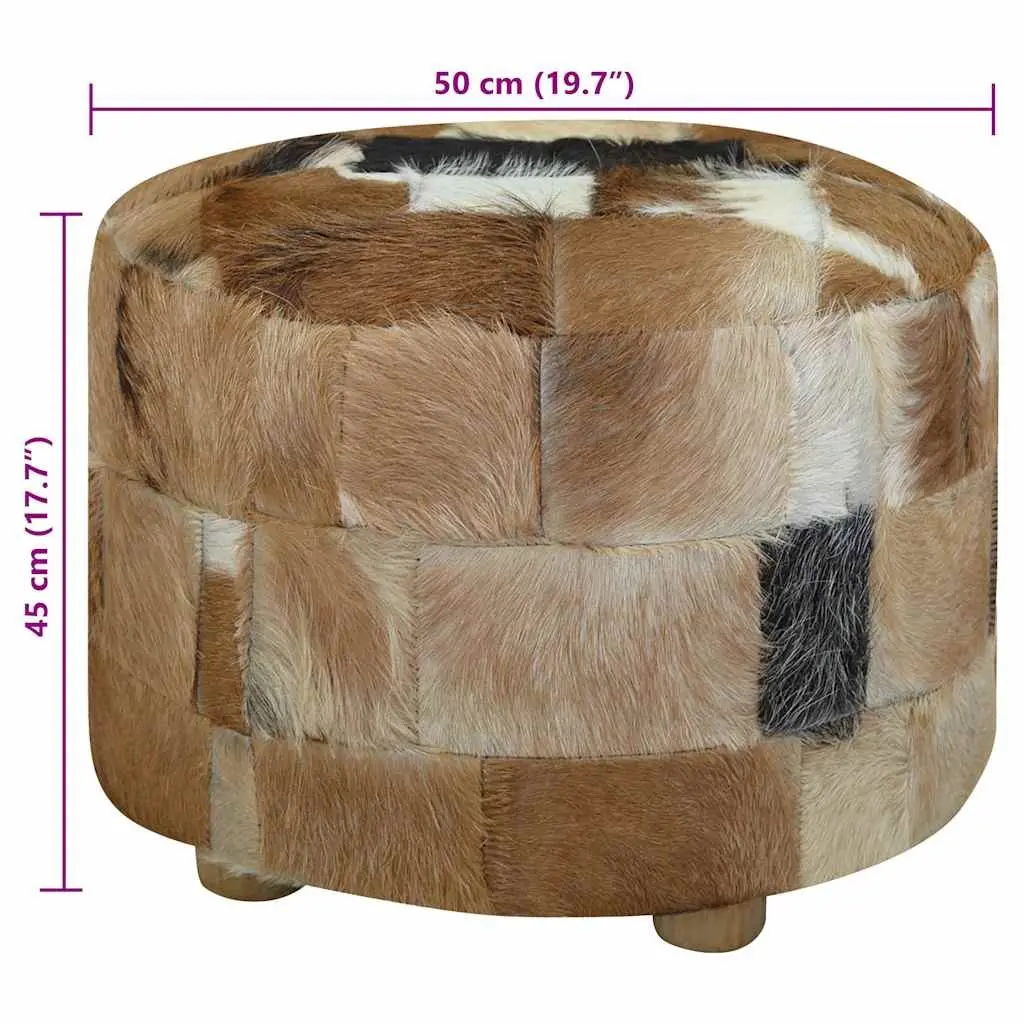 Round Pouffe Footrest Goat Leather Multicolour Ottoman Seat Stool Living Room 50 x 50 x 45 cm