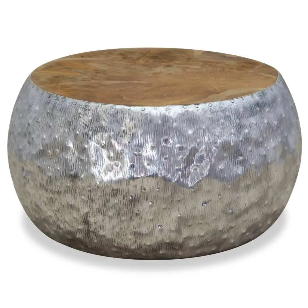 Round Coffee Table Teak Tabletop Aluminium Frame Side Accent 60x60x30cm