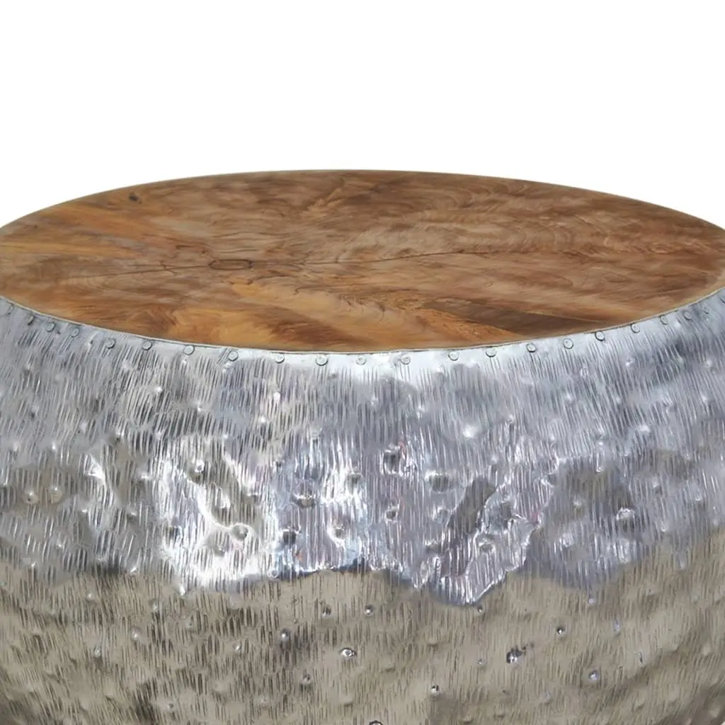 Round Coffee Table Teak Tabletop Aluminium Frame Side Accent 60x60x30cm