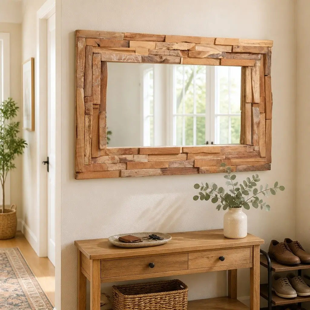 Decorative Mirror Wall Mounted Living Room Bathroom 90 x 60 cm Teak Frame Rustic Style