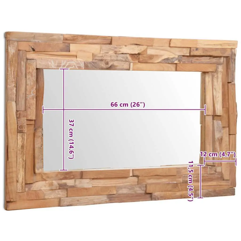Decorative Mirror Wall Mounted Living Room Bathroom 90 x 60 cm Teak Frame Rustic Style