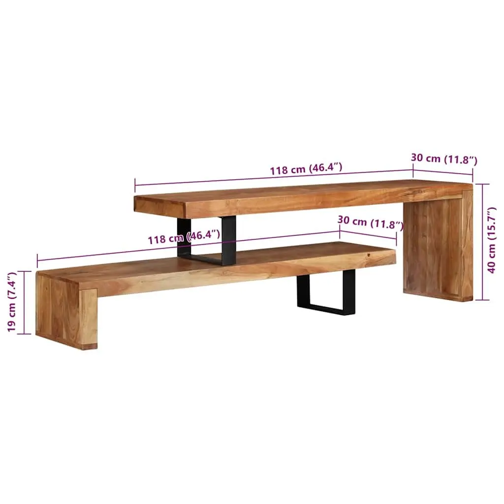 Wooden TV Stand Solid Acacia Wood 2-Tier Stackable Cabinet Brown Retro