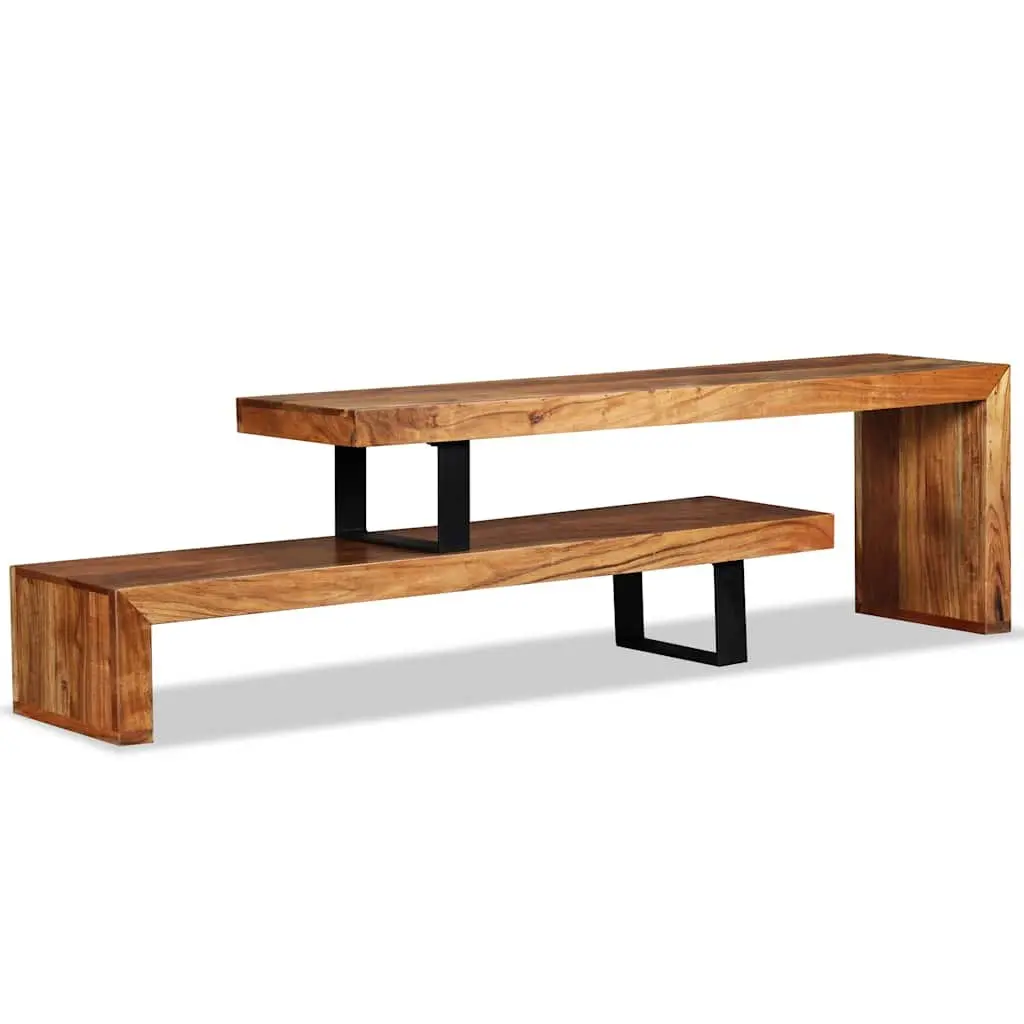 Wooden TV Stand Solid Acacia Wood 2-Tier Stackable Cabinet Brown Retro