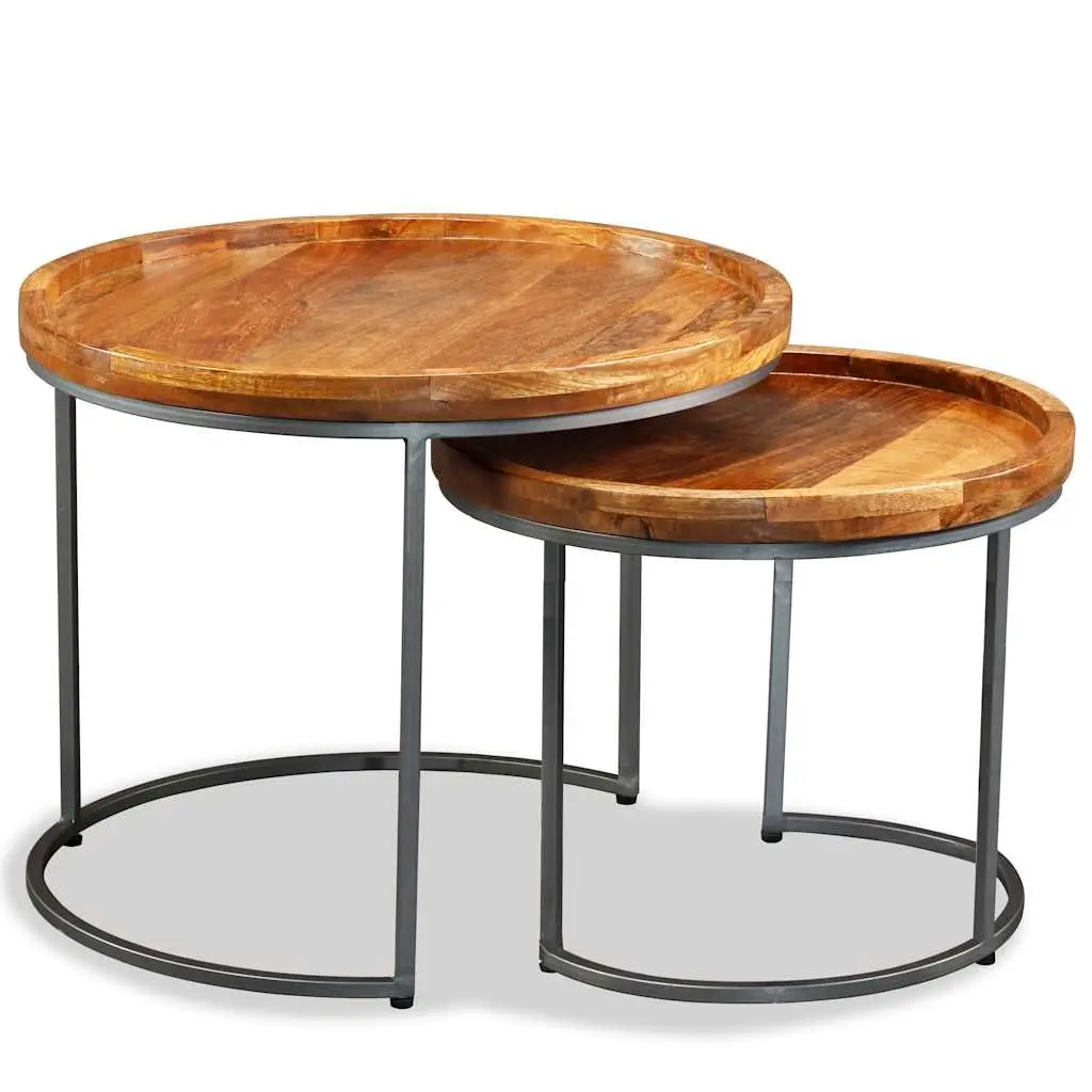 Side Table Set 2 Pieces Solid Mango Wood Industrial Vintage Accent End Tables