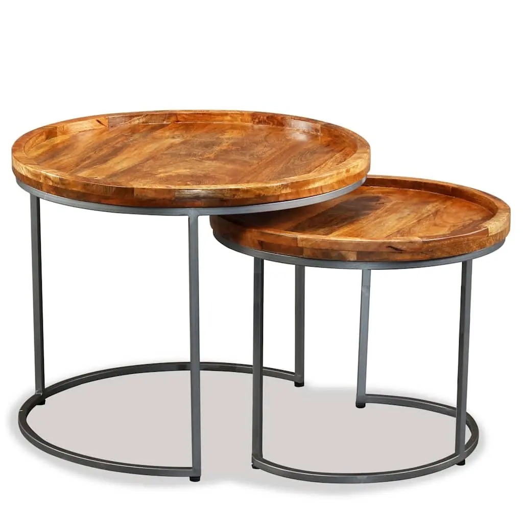 Side Table Set 2 Pieces Solid Mango Wood Industrial Vintage Accent End Tables