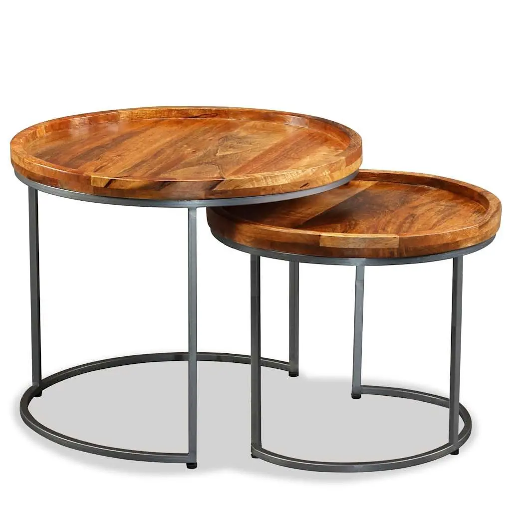 Side Table Set 2 Pieces Solid Mango Wood Industrial Vintage Accent End Tables