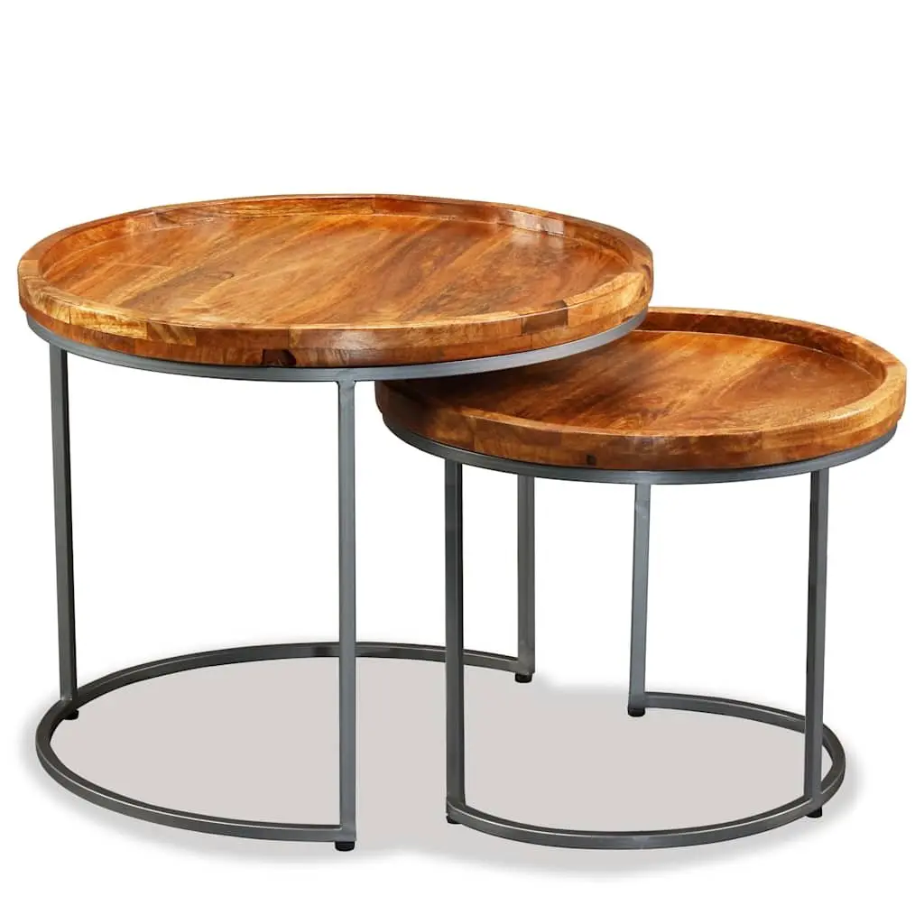 Side Table Set 2 Pieces Solid Mango Wood Industrial Vintage Accent End Tables