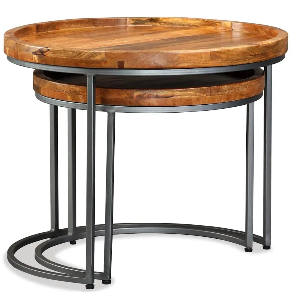 Side Table Set 2 Pieces Solid Mango Wood Industrial Vintage Accent End Tables