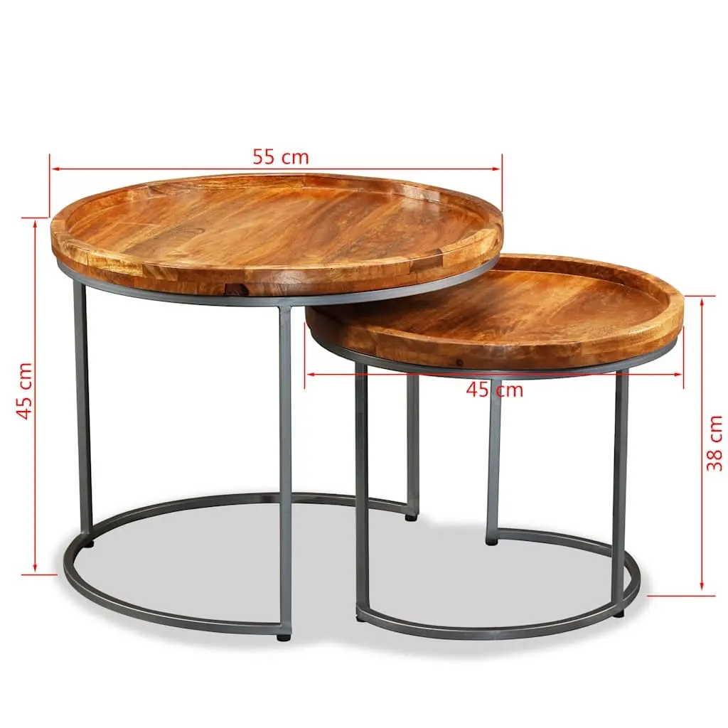 Side Table Set 2 Pieces Solid Mango Wood Industrial Vintage Accent End Tables