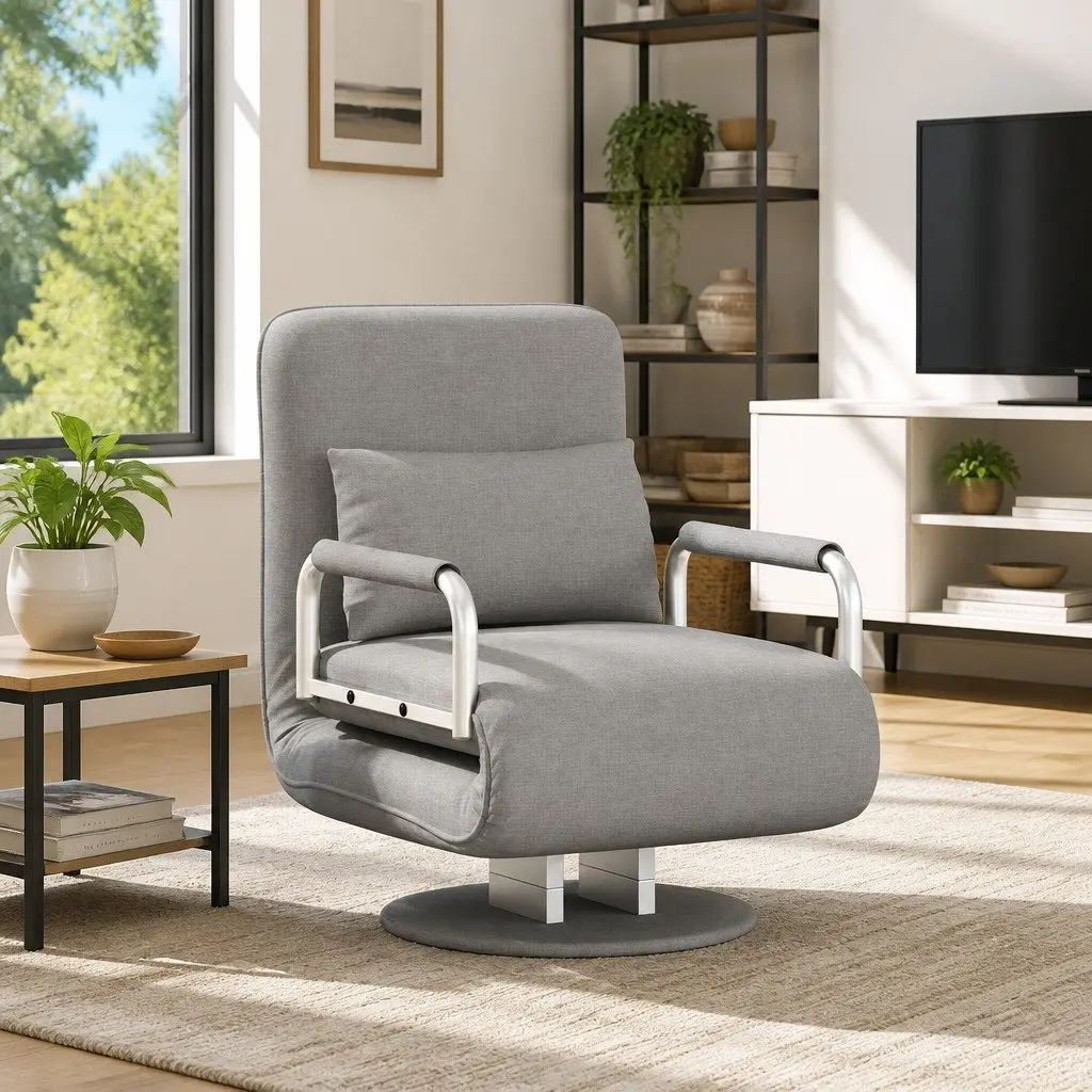 Convertible Swivel Chair Sofa Bed Recliner Chaise Lounge Grey Fabric Sleeper