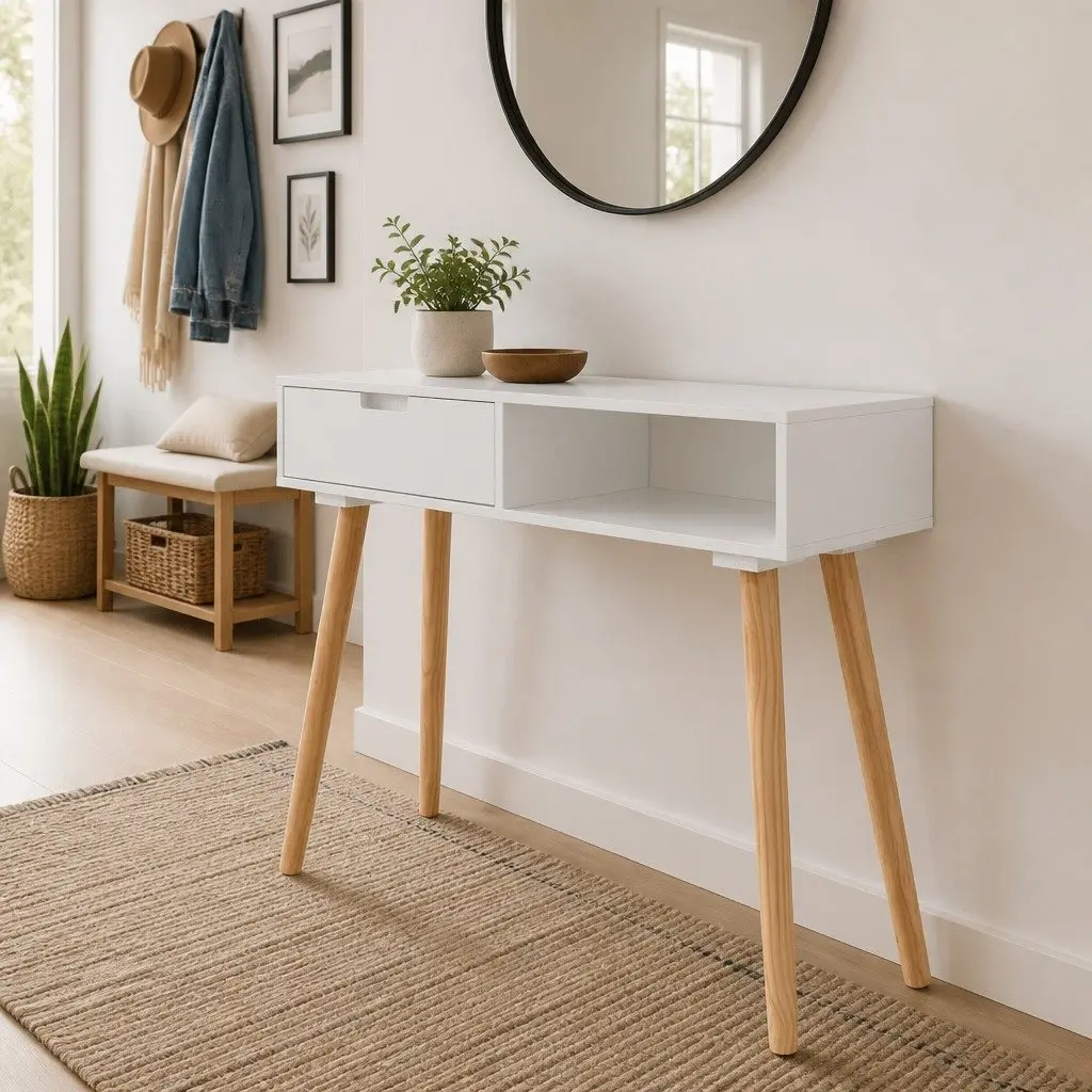 White Console Table Solid Pinewood End Table with Drawer Storage Display Stand