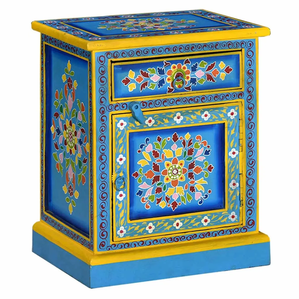 Wooden Turquoise Bedside Cabinet with Drawer and Storage