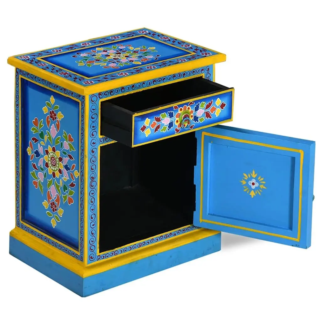 Wooden Turquoise Bedside Cabinet with Drawer and Storage