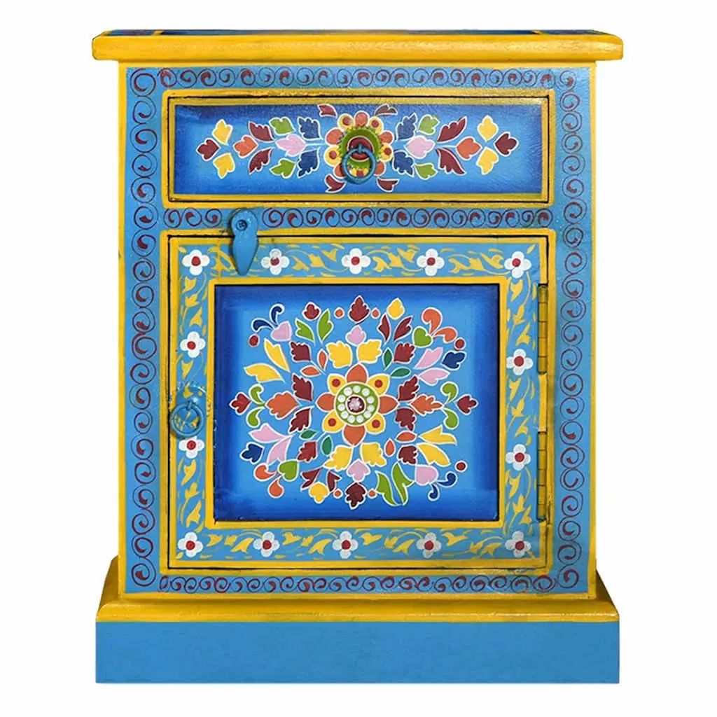Wooden Turquoise Bedside Cabinet with Drawer and Storage