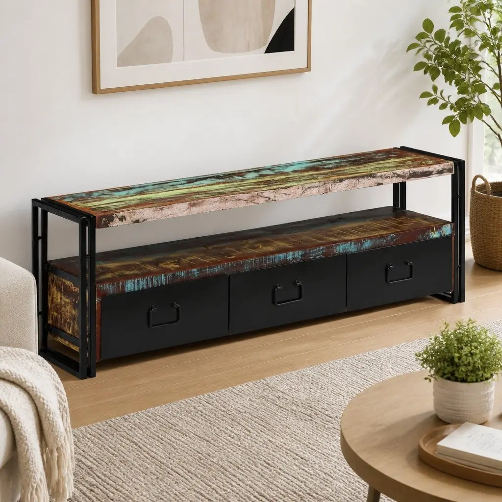 TV Cabinet Solid Reclaimed Wood Industrial Style Antique Drawers Shelf Unit