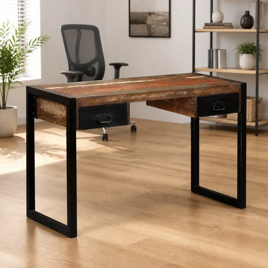 Desk with 2 Drawers Solid Reclaimed Wood Industrial Vintage Home Office