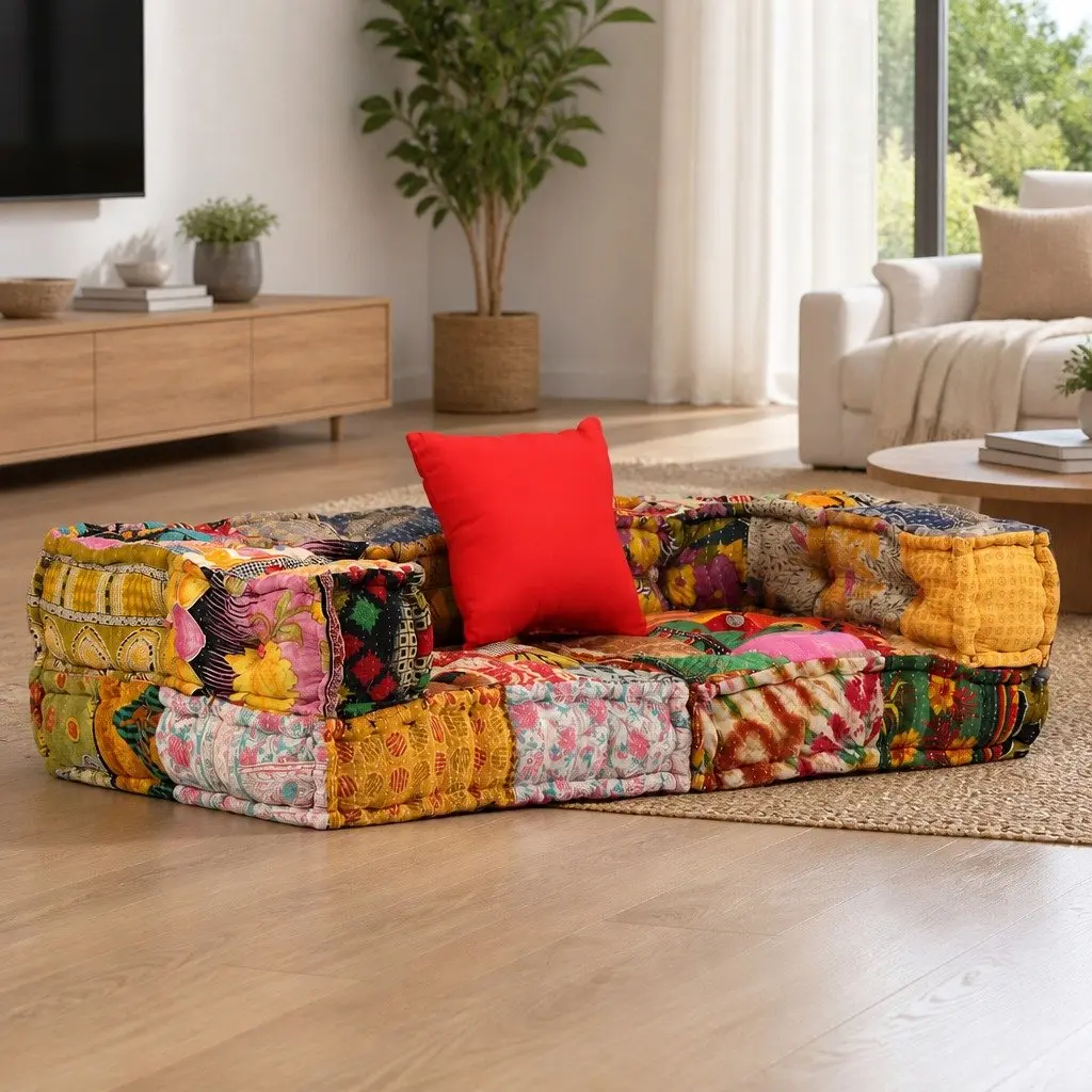 2-Seater Modular Pouffe Patchwork Fabric Multicolour Living Room Sofa Seat