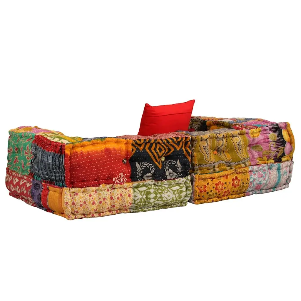 2-Seater Modular Pouffe Patchwork Fabric Multicolour Living Room Sofa Seat
