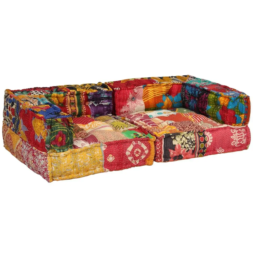 2-Seater Modular Pouffe Patchwork Fabric Multicolour Living Room Sofa Seat