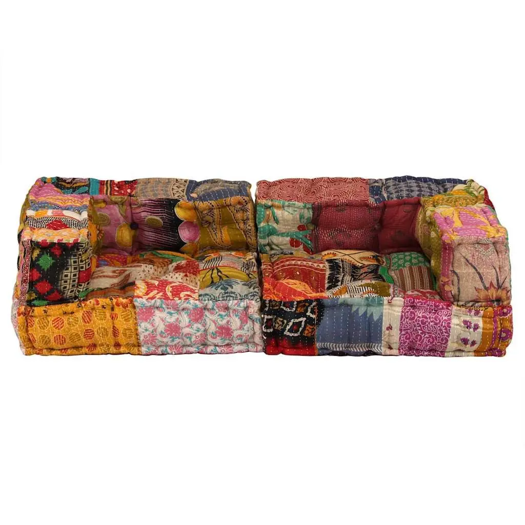 2-Seater Modular Pouffe Patchwork Fabric Multicolour Living Room Sofa Seat