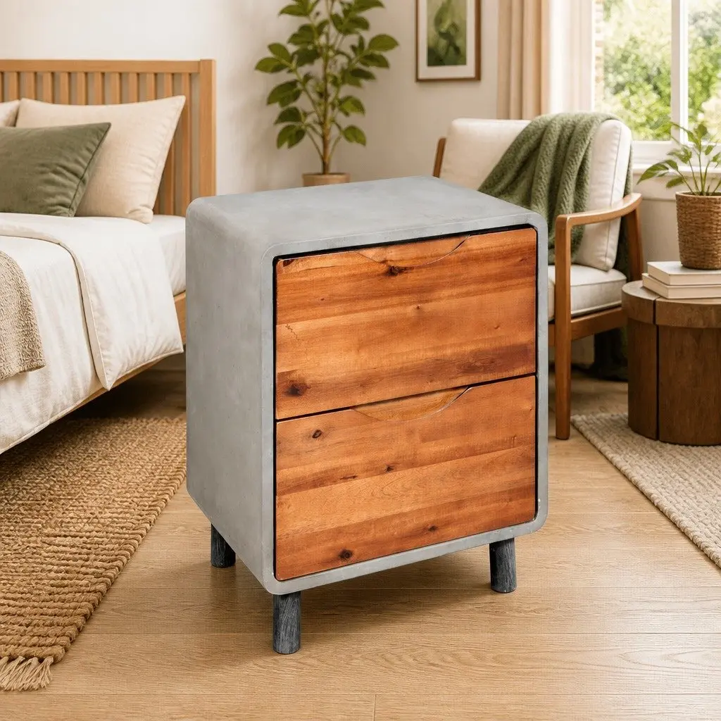 Bedside Table Nightstand Concrete Frame Industrial Bedroom Storage Drawers Grey