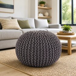 Hand-Knitted Grey Pouffe Footstool – 50x35cm Specs Included