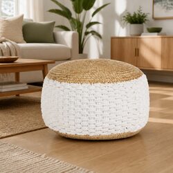 Woven Pouffe Ottoman: Jute Cotton White 50x35cm Specs