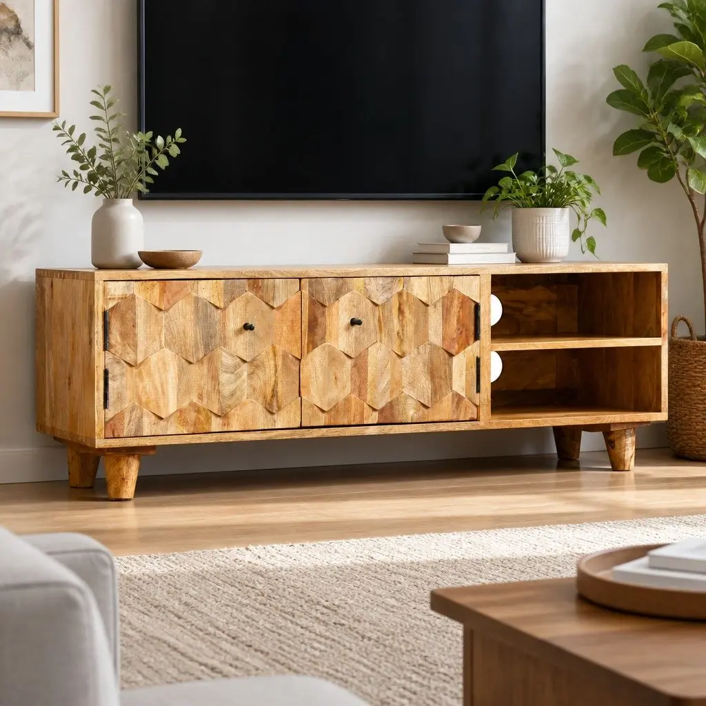 TV Cabinet Lowboard Solid Mango Wood Living Room Storage Unit Brown 118x35x40cm