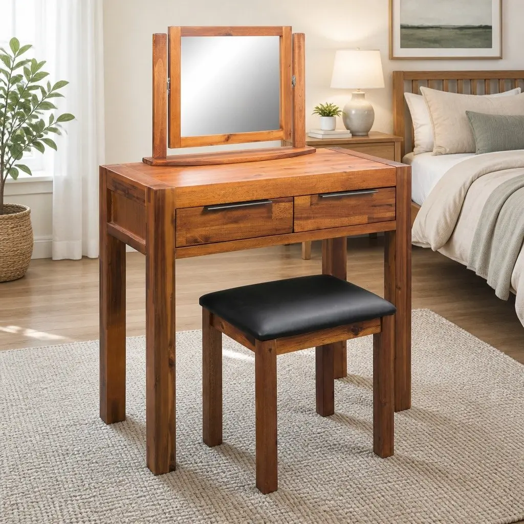 Acacia Wood Dressing Table with Mirror and Stool Set