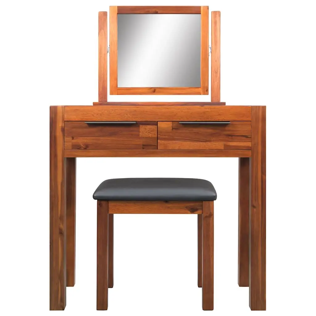 Acacia Wood Dressing Table with Mirror and Stool Set