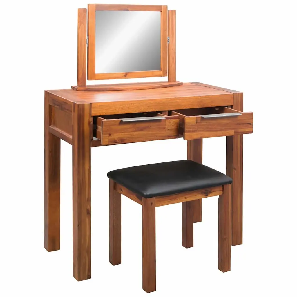Acacia Wood Dressing Table with Mirror and Stool Set