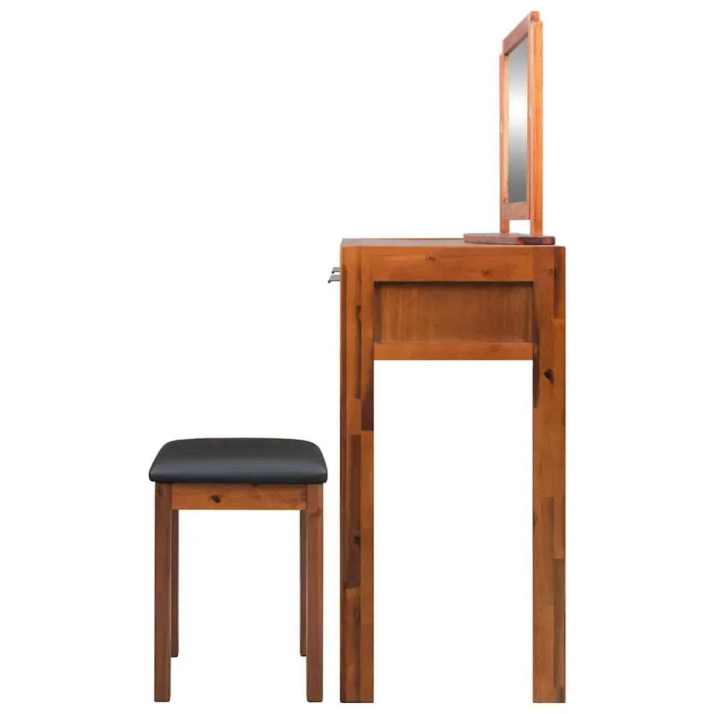 Acacia Wood Dressing Table with Mirror and Stool Set
