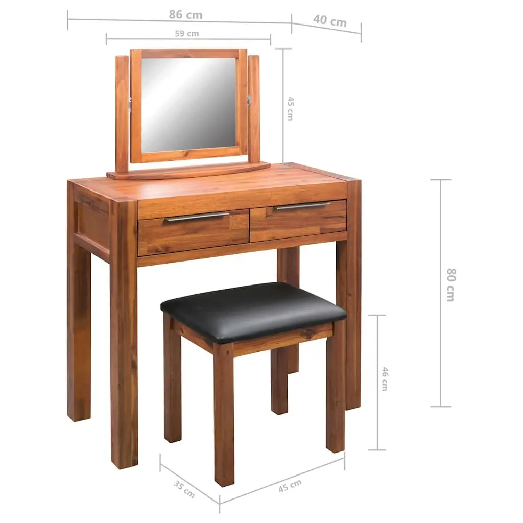 Acacia Wood Dressing Table with Mirror and Stool Set