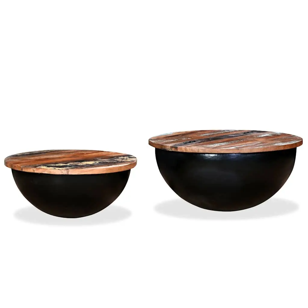 Coffee Table Set 2 Pieces Solid Reclaimed Wood Bowl Shape Black Industrial