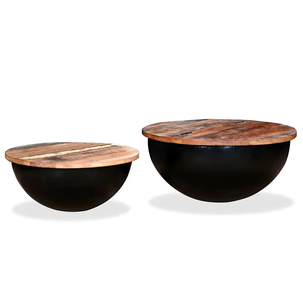 Coffee Table Set 2 Pieces Solid Reclaimed Wood Bowl Shape Black Industrial
