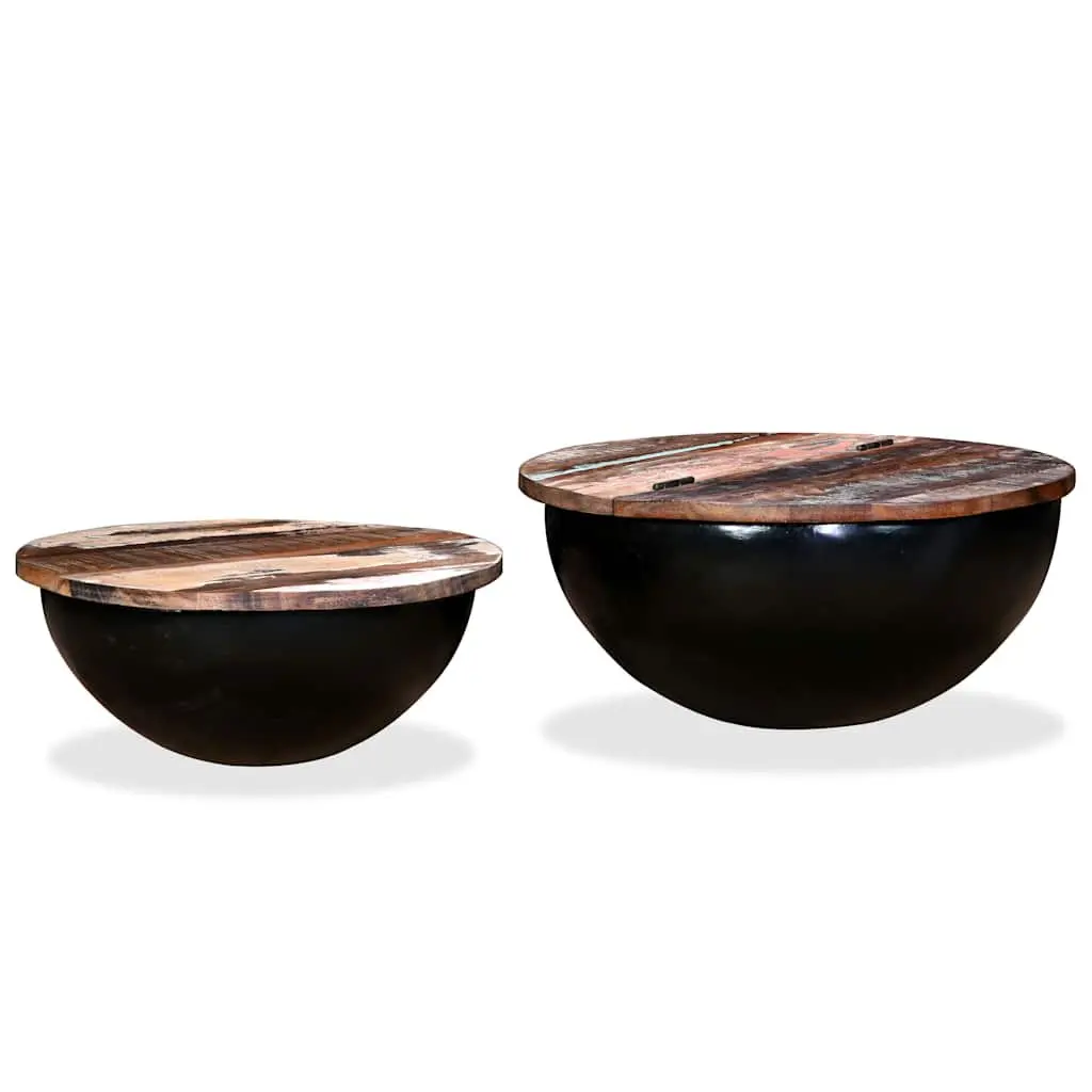 Coffee Table Set 2 Pieces Solid Reclaimed Wood Bowl Shape Black Industrial