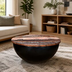 Coffee Table Solid Reclaimed Wood Black Bowl Shape Industrial Design Storage