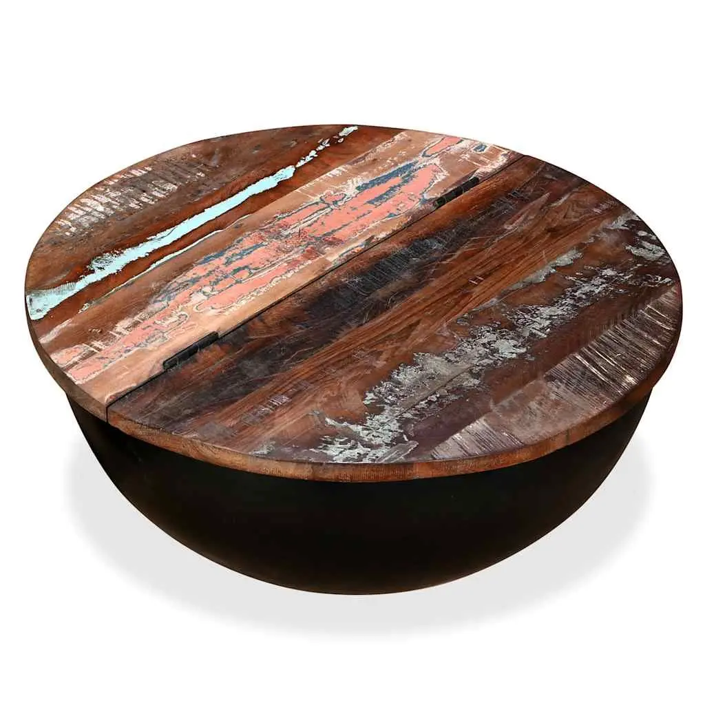 Coffee Table Solid Reclaimed Wood Black Bowl Shape Industrial Design Storage