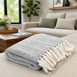 Cotton Throw Blanket Grey Herringbone 125x150 cm Machine Washable