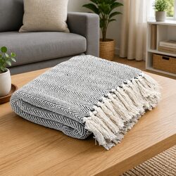 Herringbone Grey Cotton Throw Blanket - 160x210 cm, Soft and Stylish