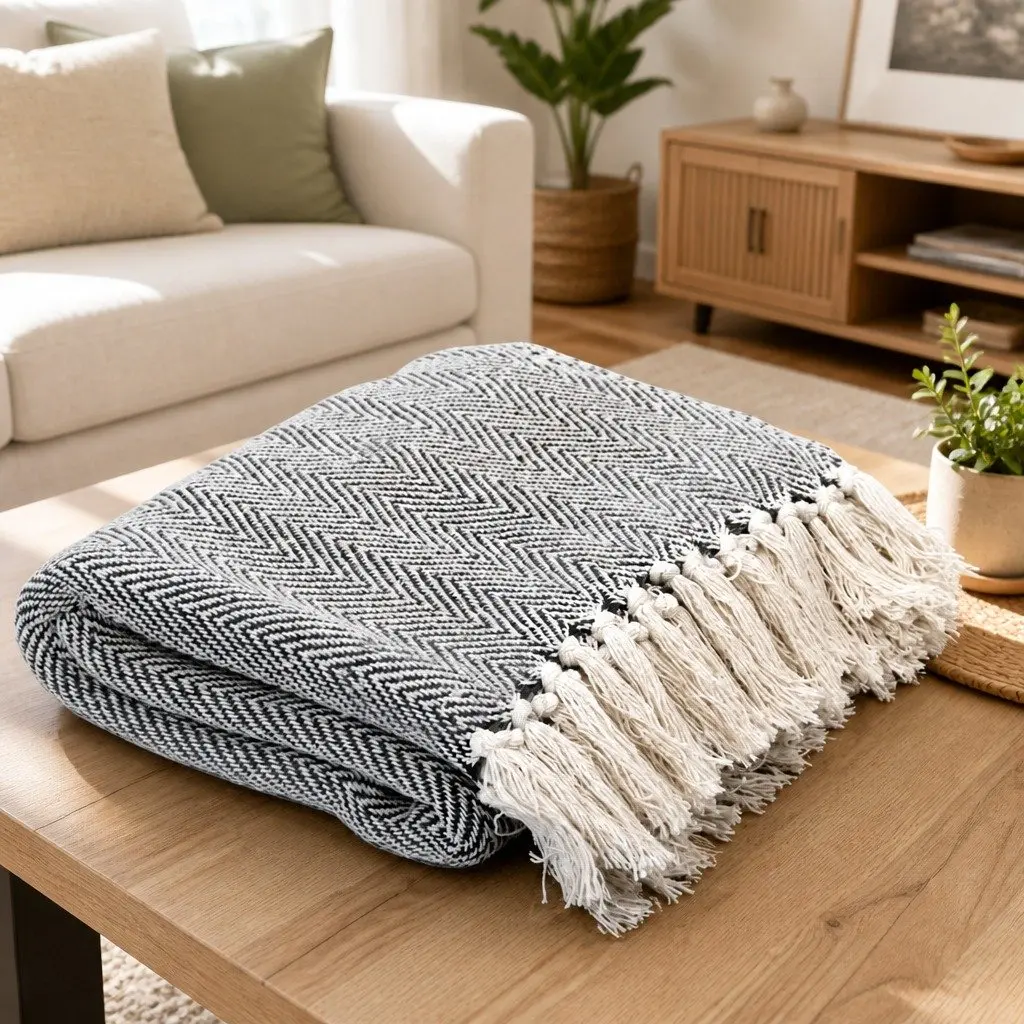 Cotton Throw Blanket 125x150cm Herringbone Plaid Navy Blue