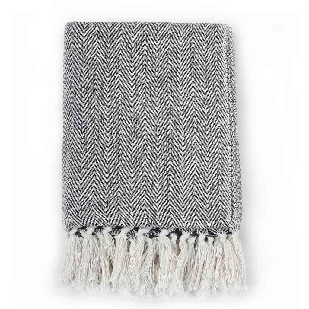 Cotton Throw Blanket 125x150cm Herringbone Plaid Navy Blue
