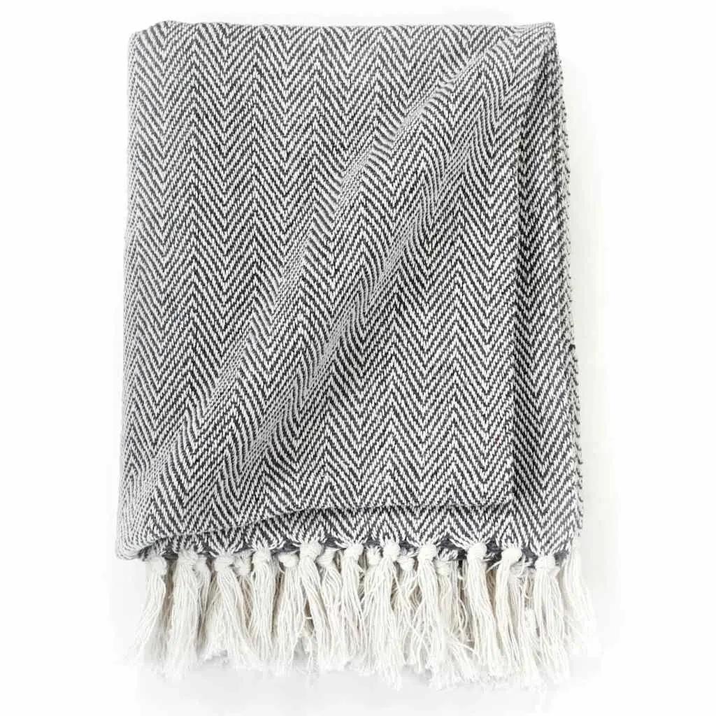 Cotton Throw Blanket 125x150cm Herringbone Plaid Navy Blue