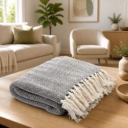 Cotton Herringbone Throw Blanket 160x210cm Navy Blue Sofa Bed Chair Cover