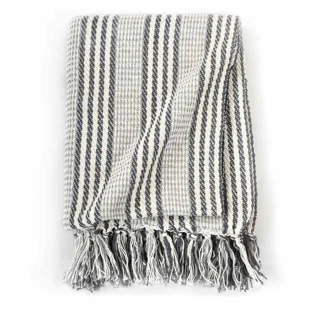 Cotton Throw Blanket 125x150 cm Grey White Stripes Tassels Soft Plaid