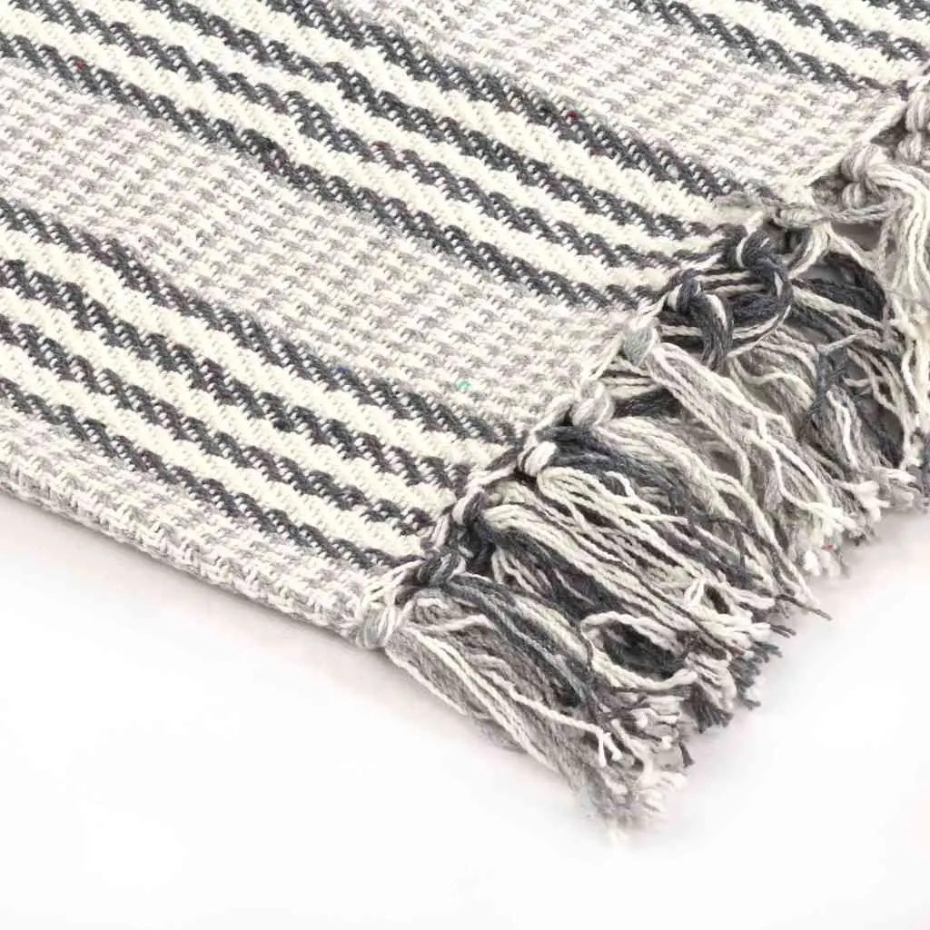 Cotton Throw Blanket 125x150 cm Grey White Stripes Tassels Soft Plaid