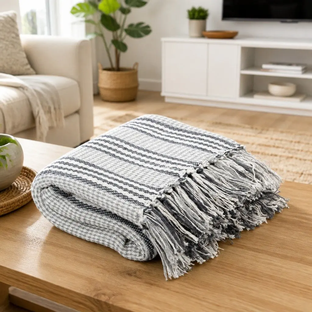 Cotton Throw Blanket for Sofa Bed Chair 160x210 cm Grey White Stripes