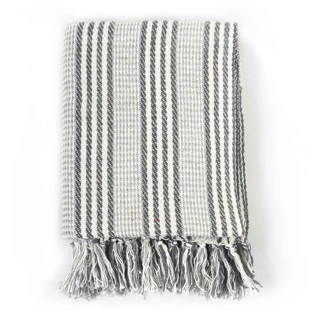Cotton Throw Blanket 220x250 cm Grey White Striped Soft Plaid Tassel Sofa Bed