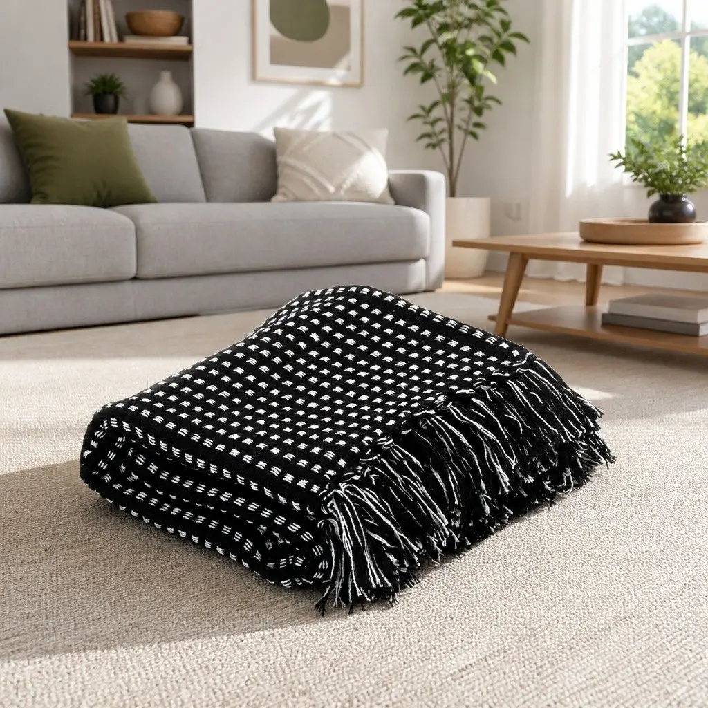 Cotton Throw Blanket 160x210 cm Black Plaid Soft Tassels Sofa Bed Chair Drape
