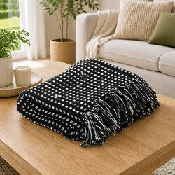 Cotton Throw Blanket 220x250 cm with Black Plaid Design